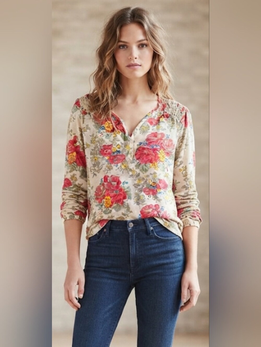 Floral V-Neck Long Sleeve Top in Cream and Red